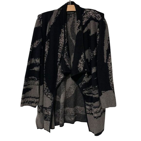 Ming Wang | Cardigan Open Front Black Tan Long Sleeve Sweater- Size Large - Picture 1 of 10